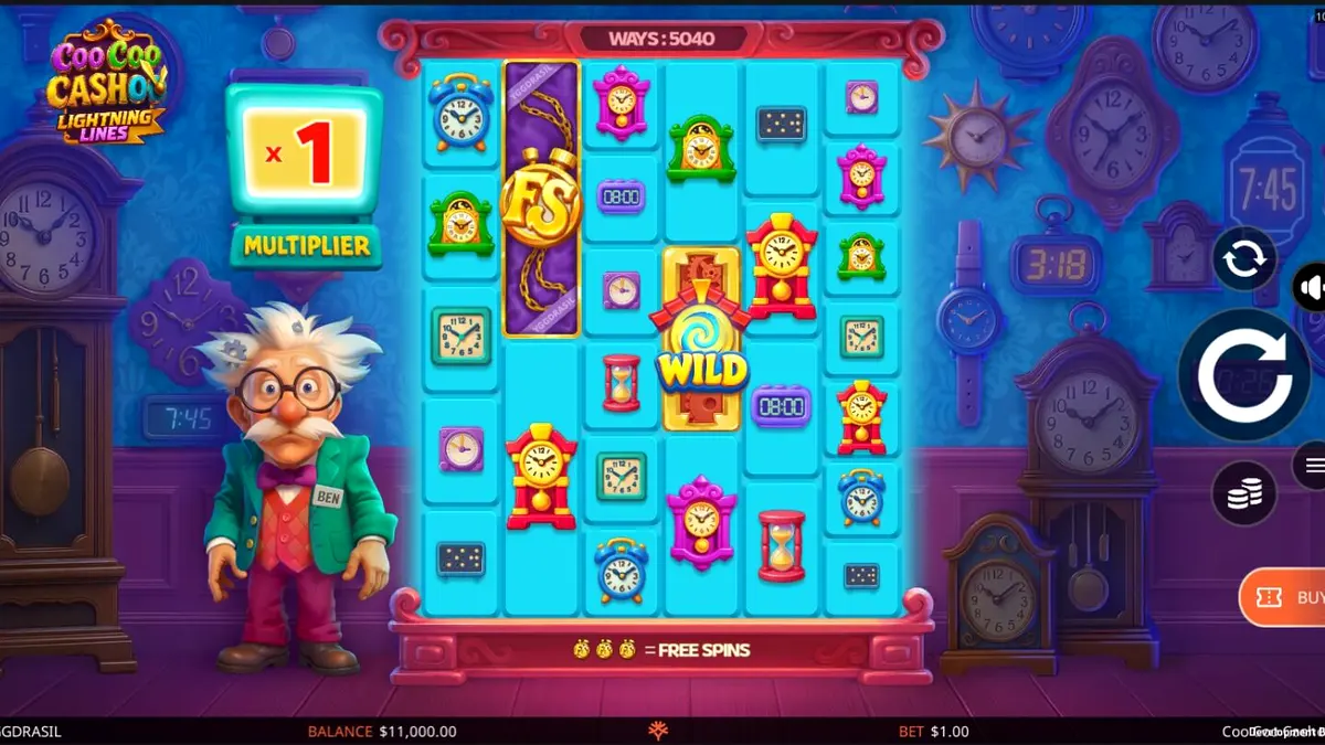 Tampilan visual slot Coo Coo Cashoo dengan tema bengkel jam antik dan penemu eksentrik