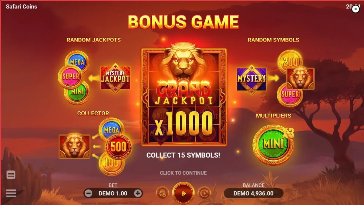 Pemandangan savana Afrika yang megah dengan simbol koin emas dalam slot Safari Coins